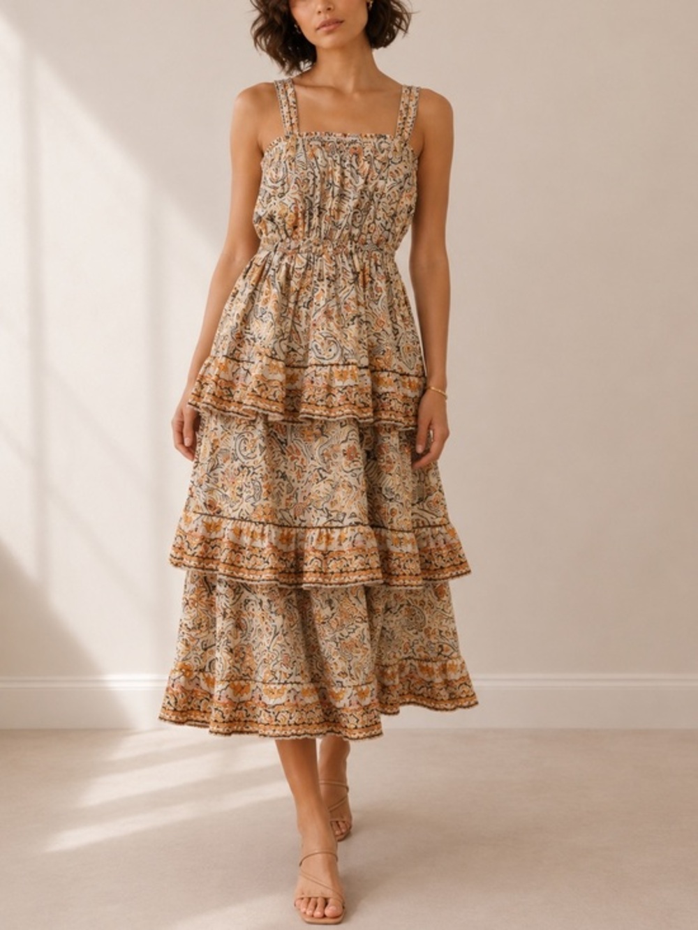 Cleobella Rosalie Tiered Boho Midi Dress Kaleidoscope Print Smocked Waist